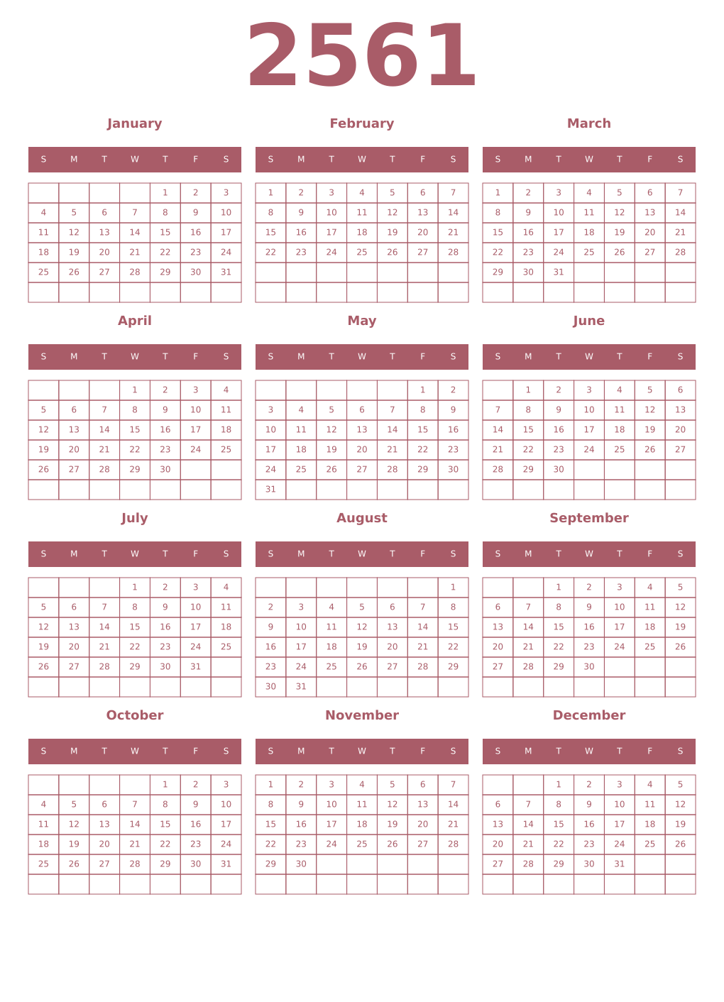 Printable 2561 Year Calendars puce