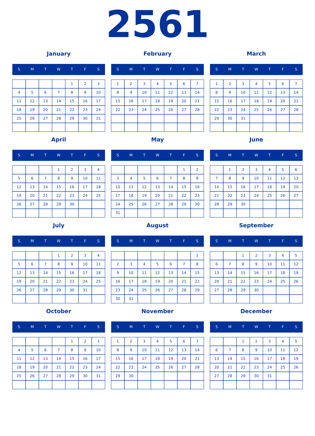 Printable 2561 Year Calendars smalt