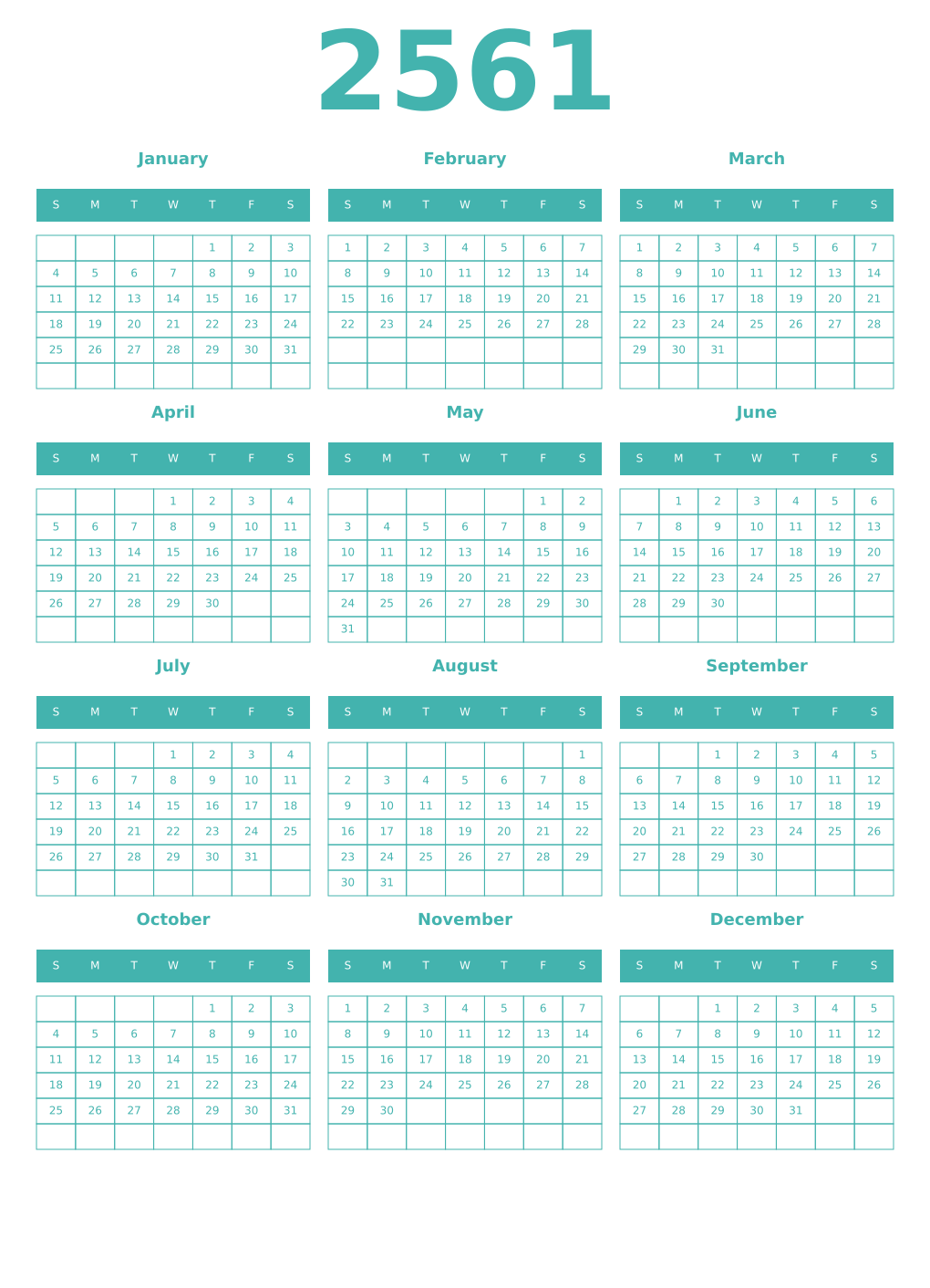Printable 2561 Year Calendars verdigris