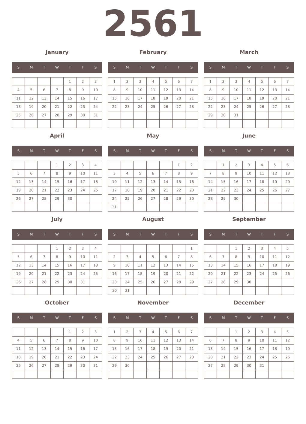 Printable 2561 Year Calendars wenge