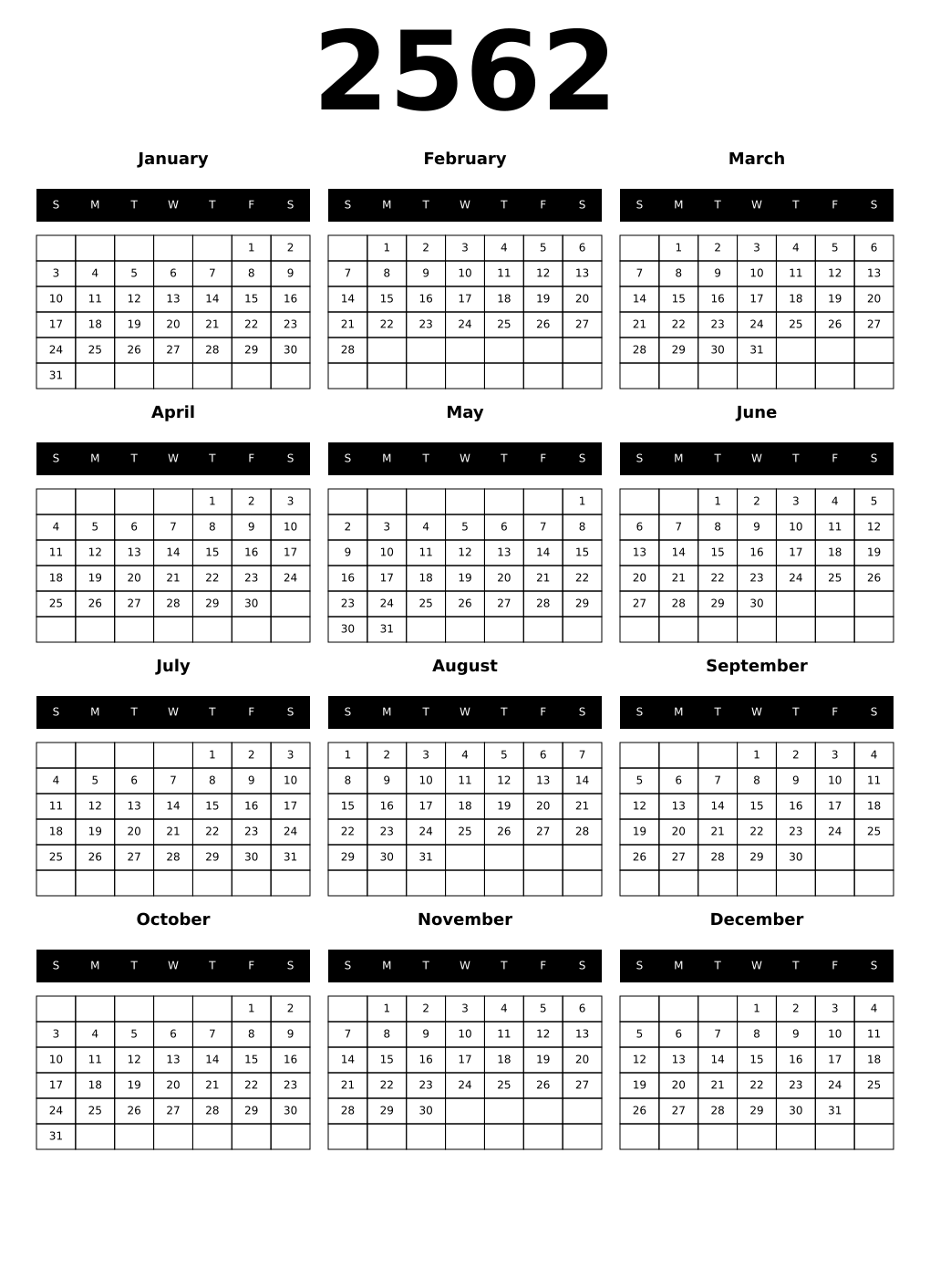 Printable 2562 Calendars