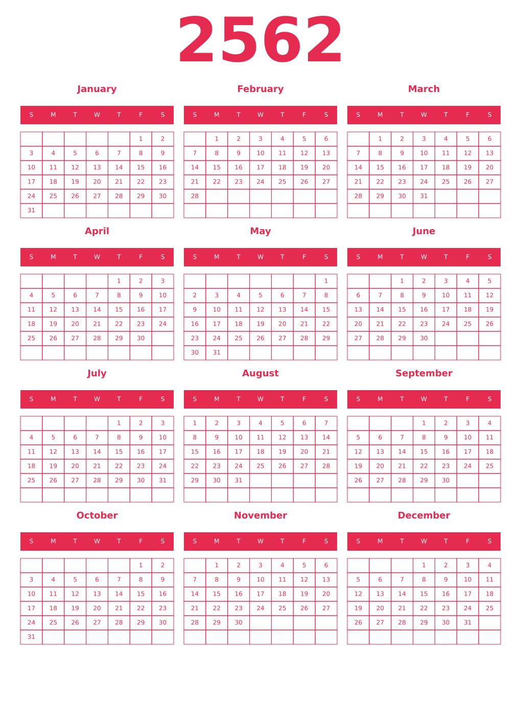 Printable 2562 Year Calendars amaranth