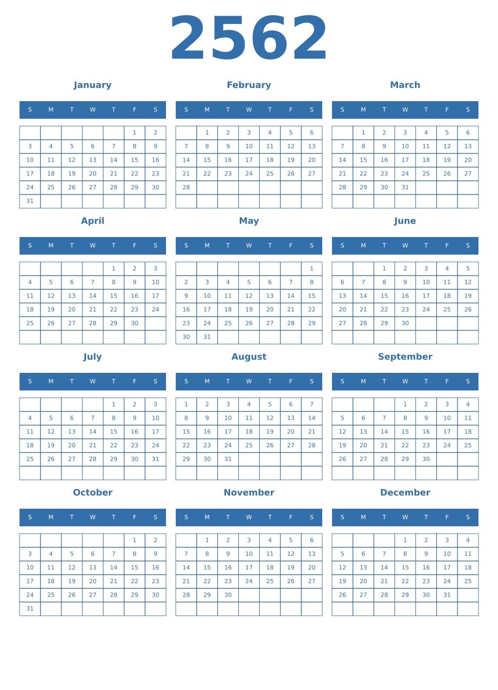 Printable 2562 Year Calendars blue