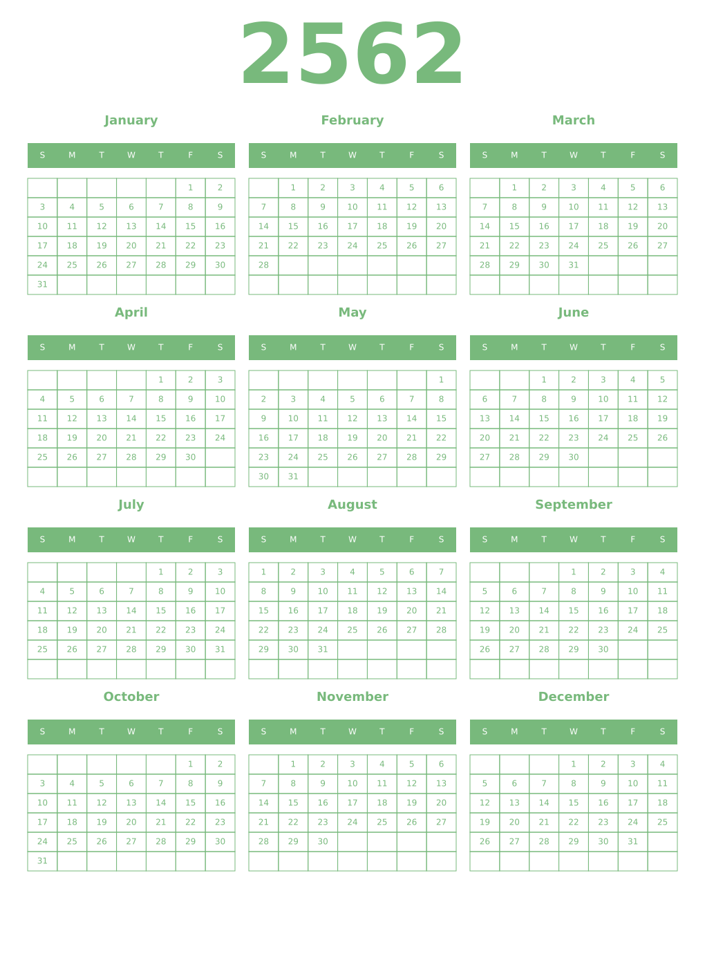 Printable 2562 Year Calendars celadon