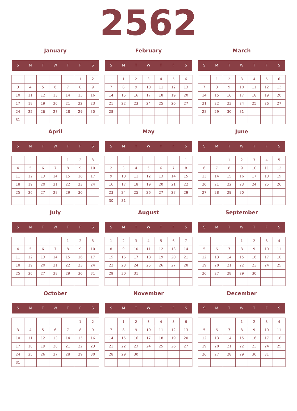 Printable 2562 Year Calendars cordovan