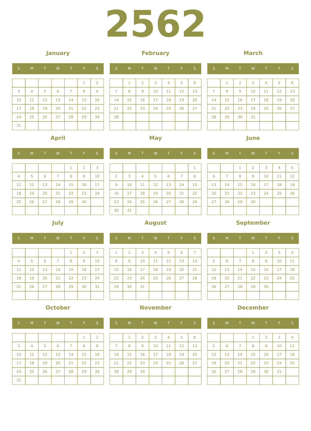 Printable 2562 Year Calendars eburnean