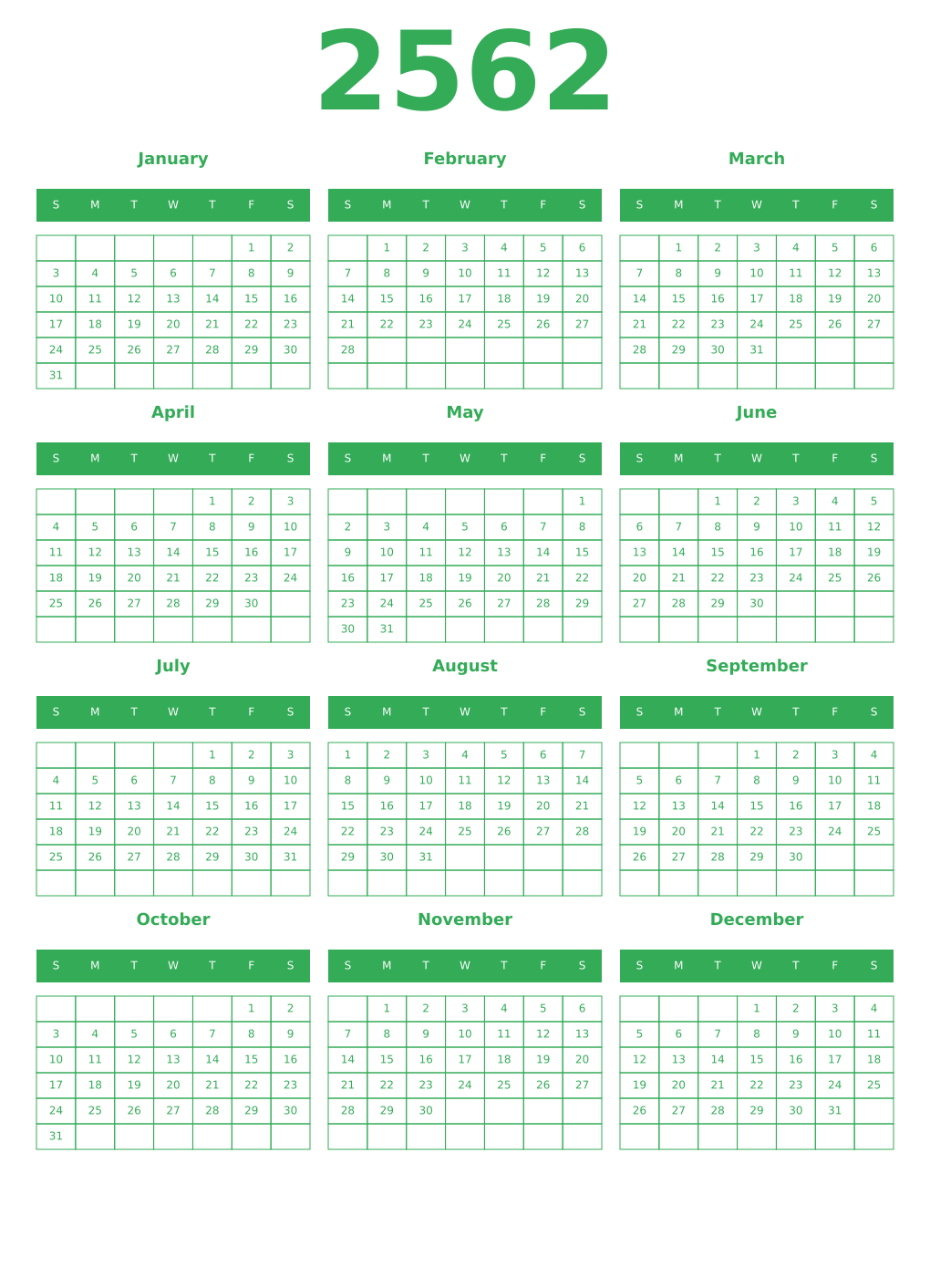 Printable 2562 Year Calendars green