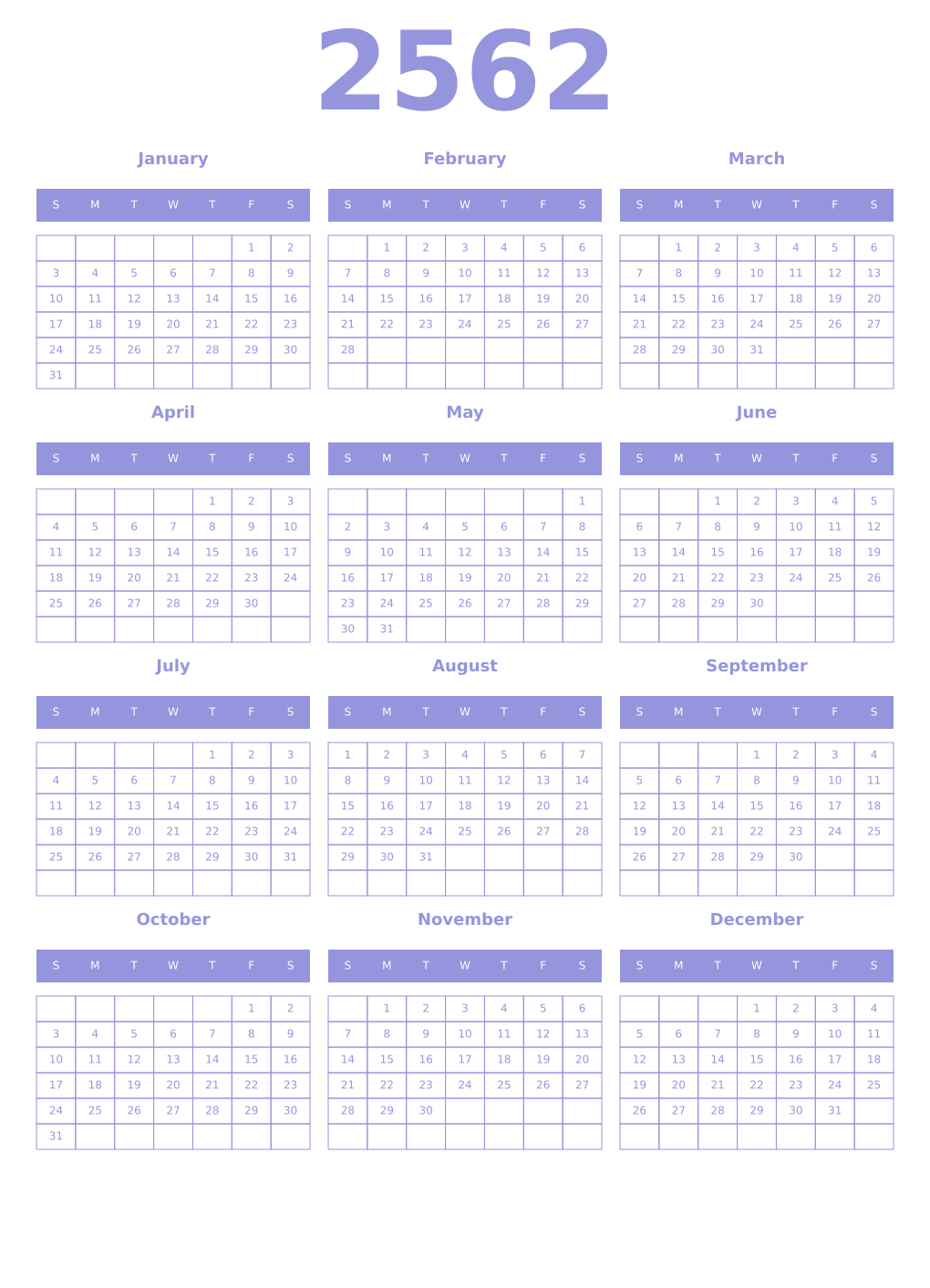 Printable 2562 Year Calendars periwinkle