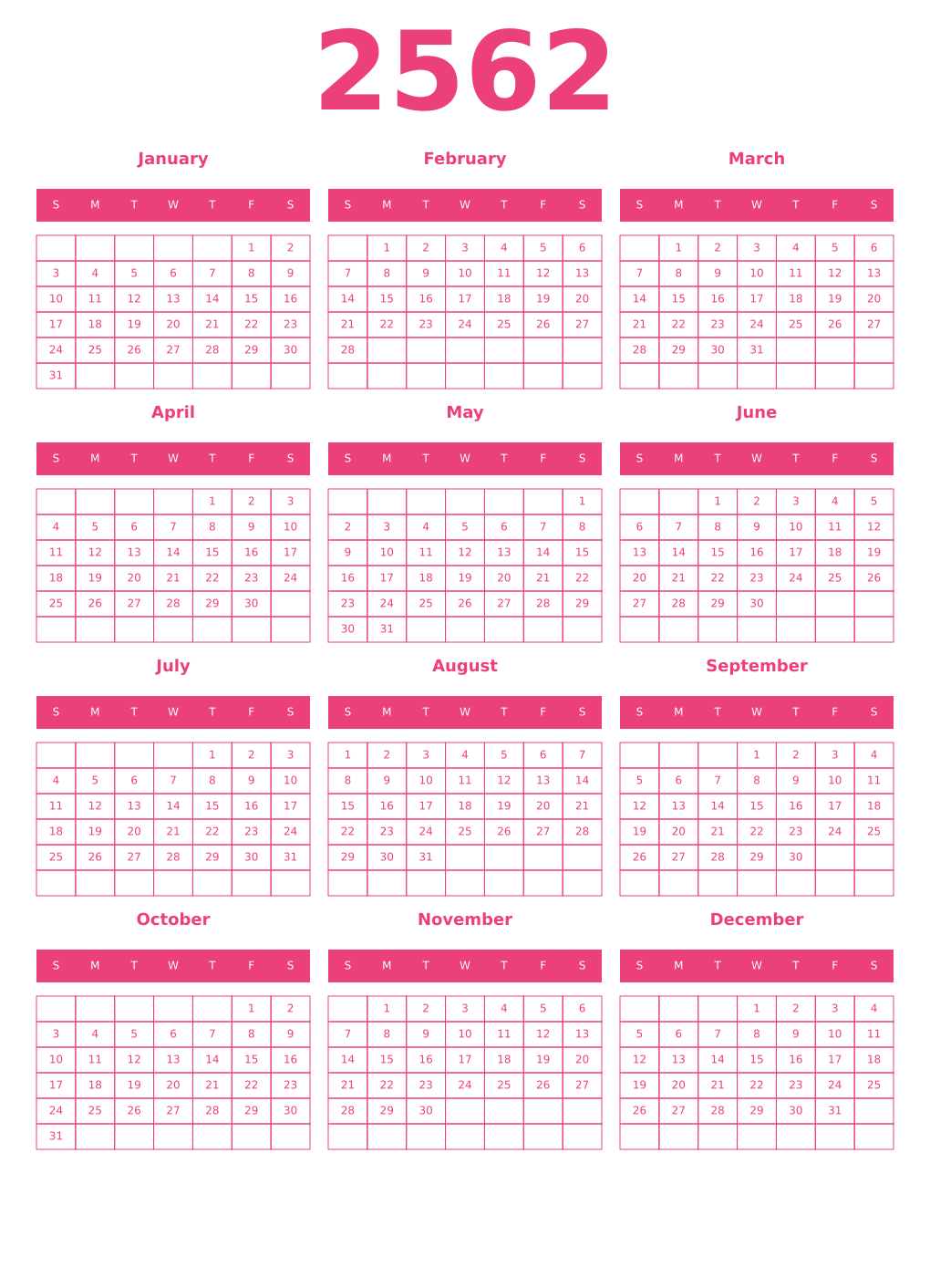 Printable 2562 Year Calendars pink