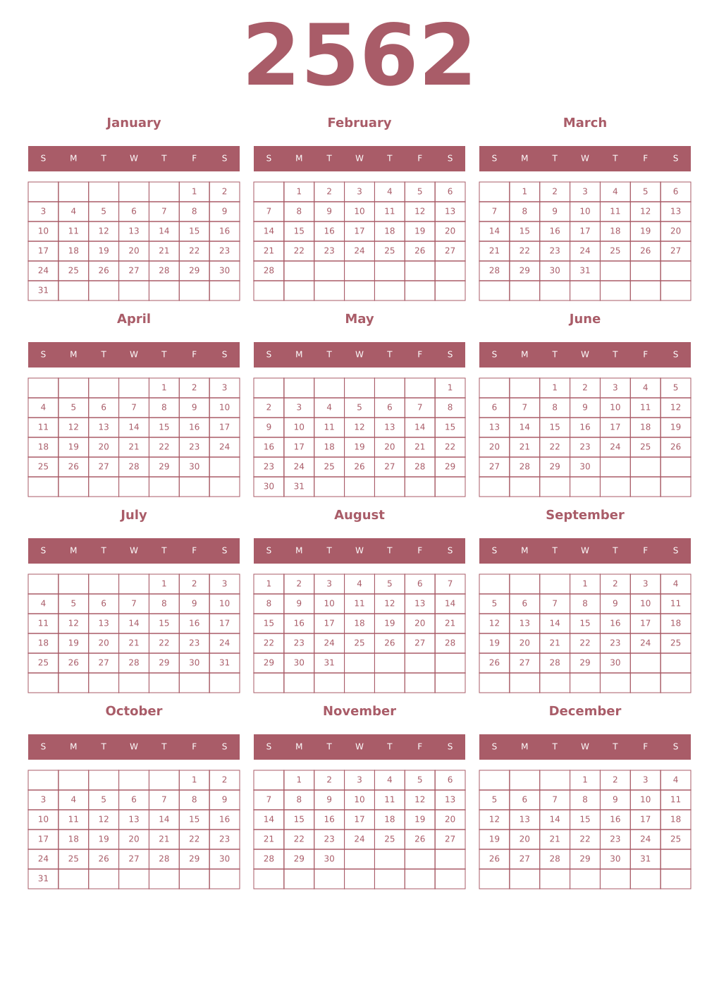 Printable 2562 Year Calendars puce
