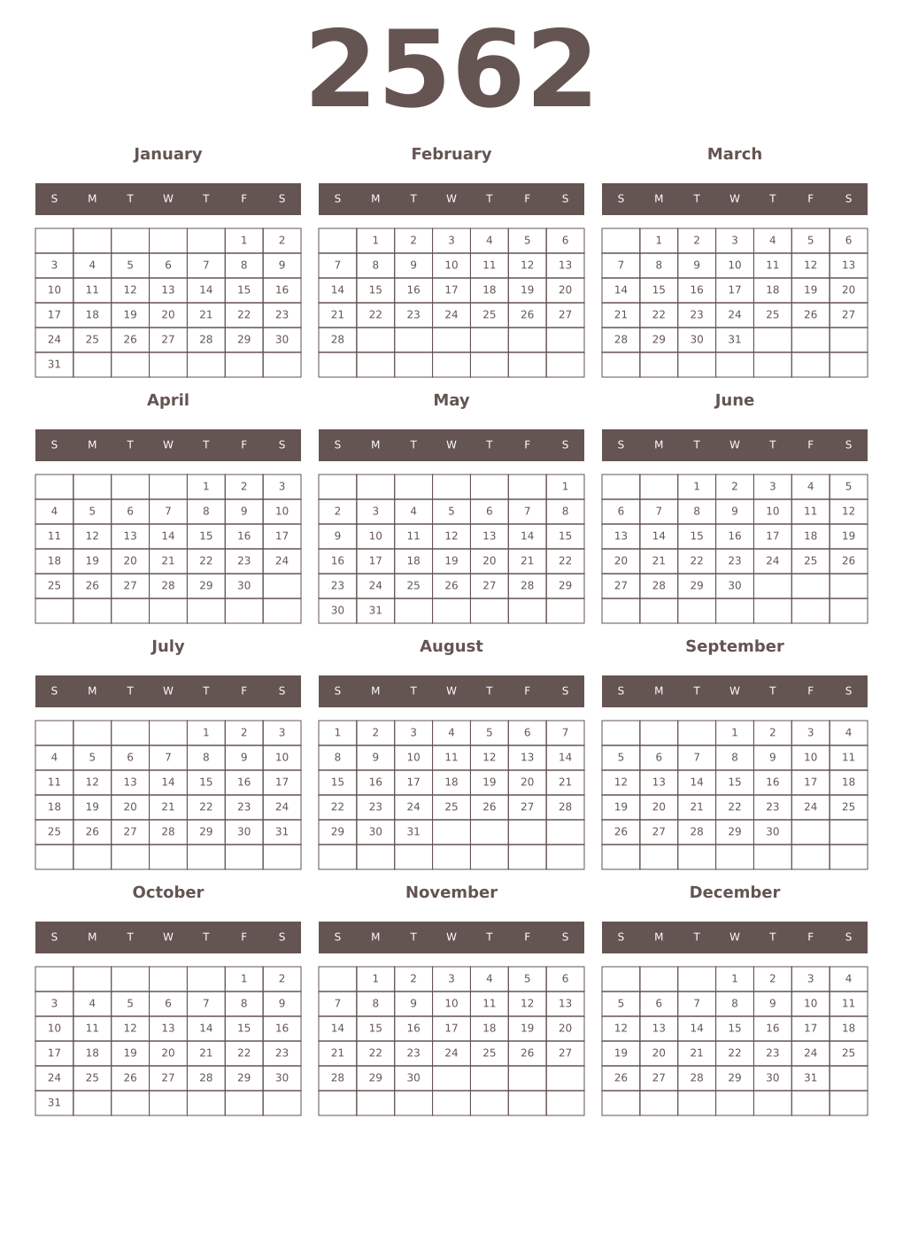 Printable 2562 Year Calendars wenge