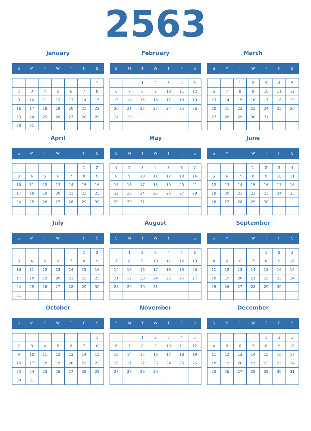 Printable 2563 Year Calendars blue