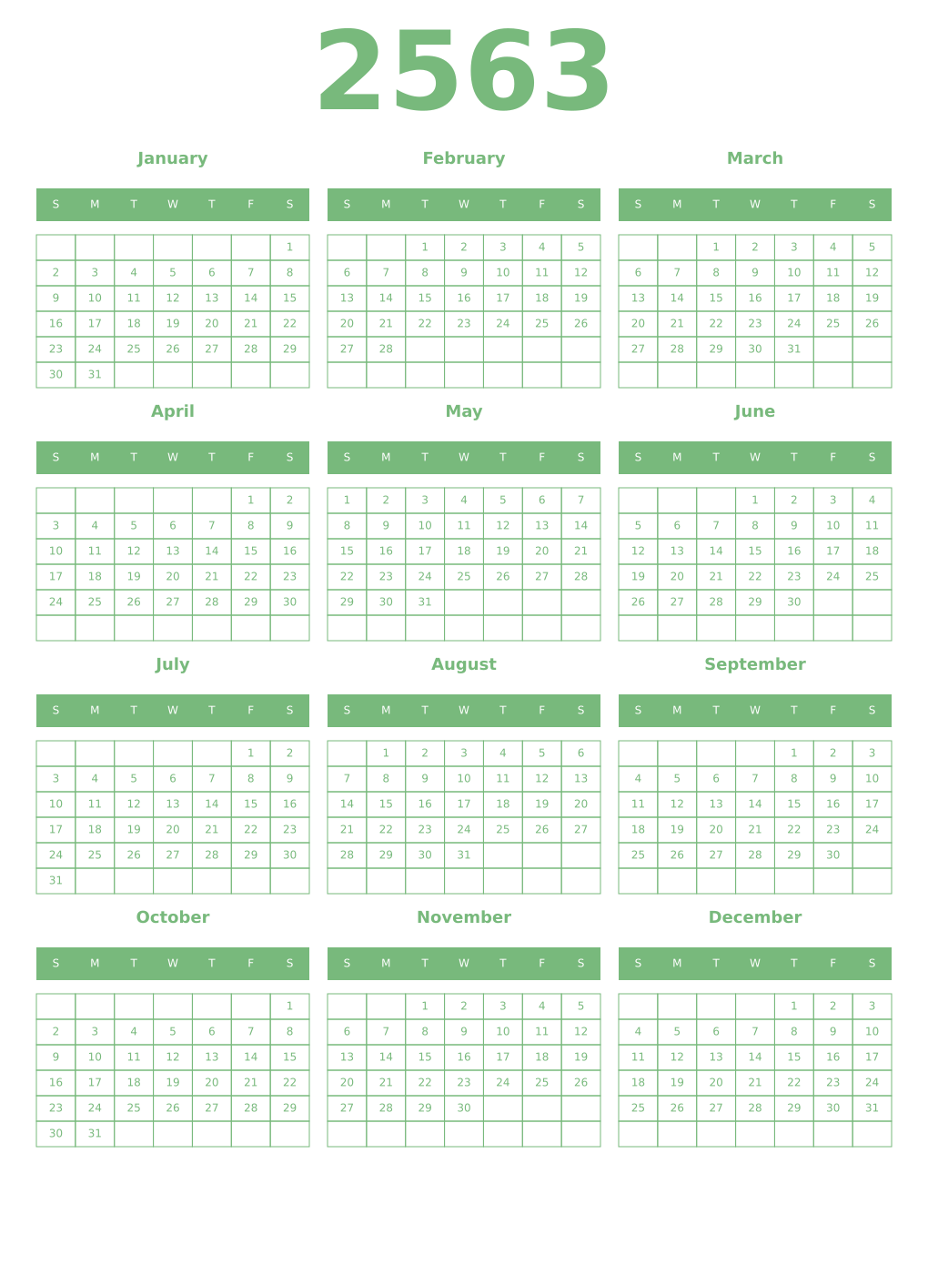 Printable 2563 Year Calendars celadon