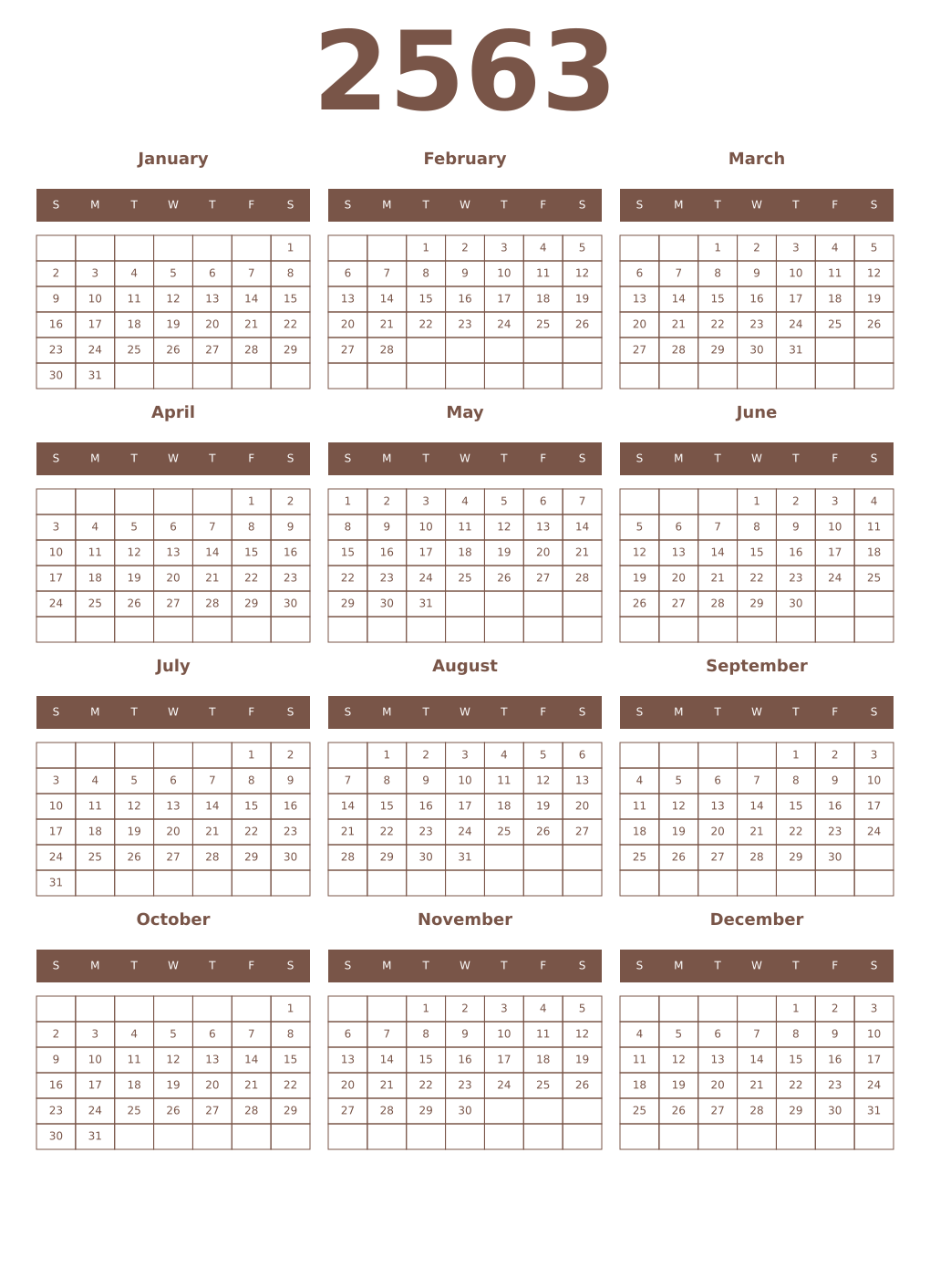 Printable 2563 Year Calendars coffe