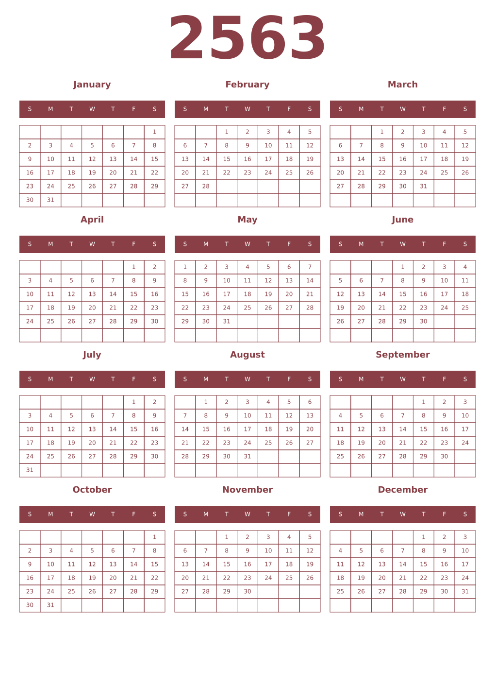 Printable 2563 Year Calendars cordovan