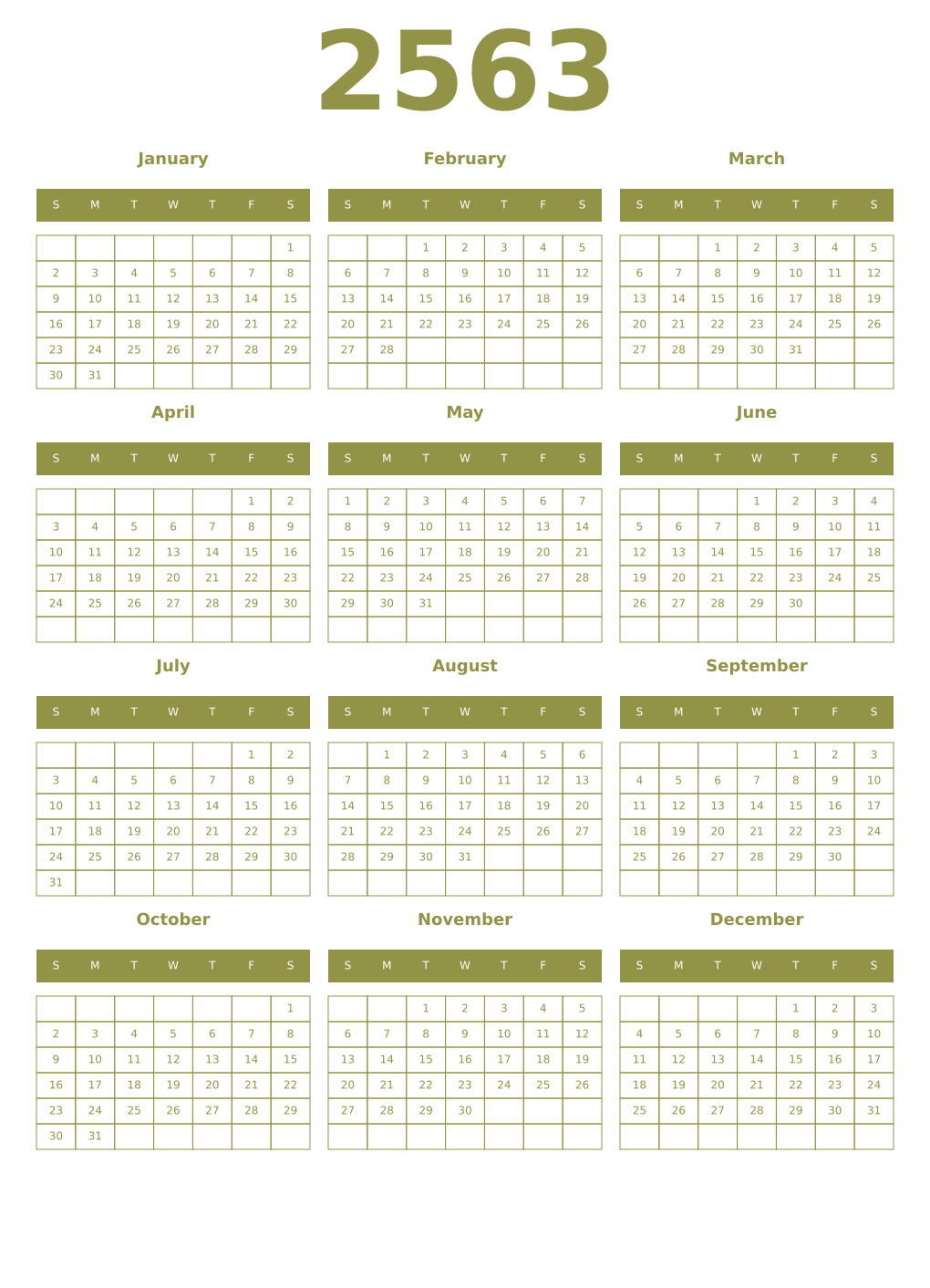 Printable 2563 Year Calendars eburnean