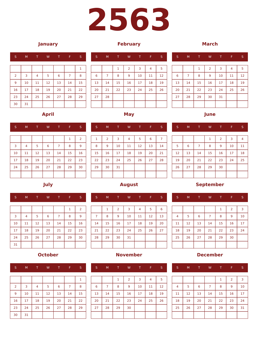 Printable 2563 Year Calendars falu