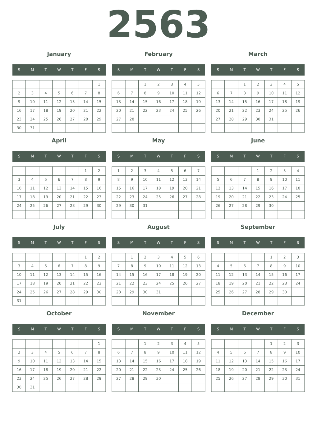 Printable 2563 Year Calendars feldgrau