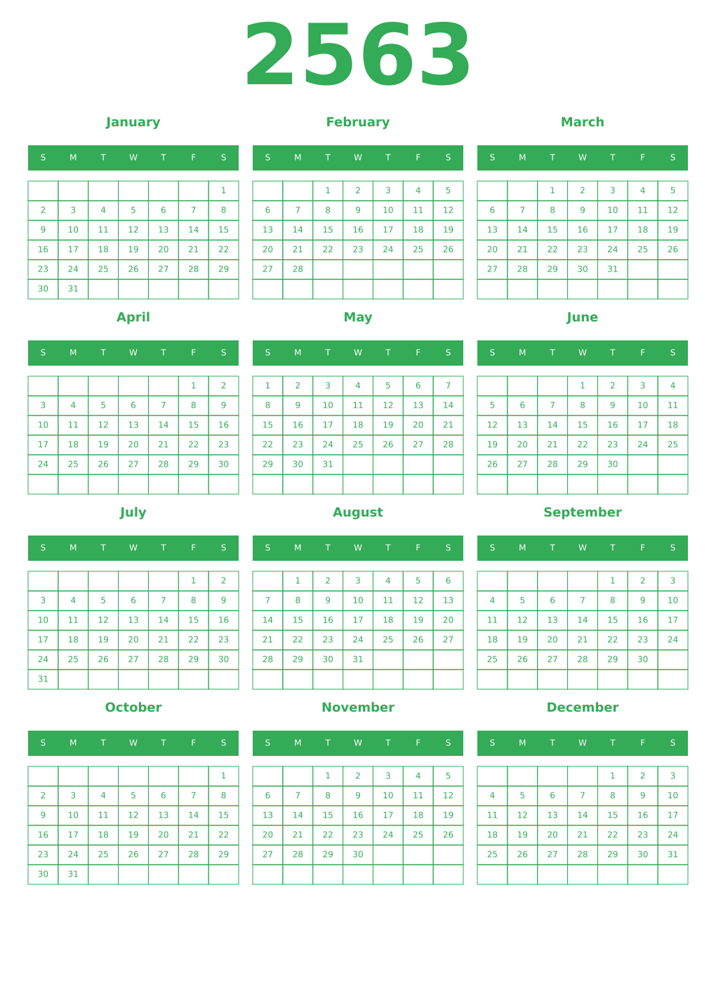Printable 2563 Year Calendars green