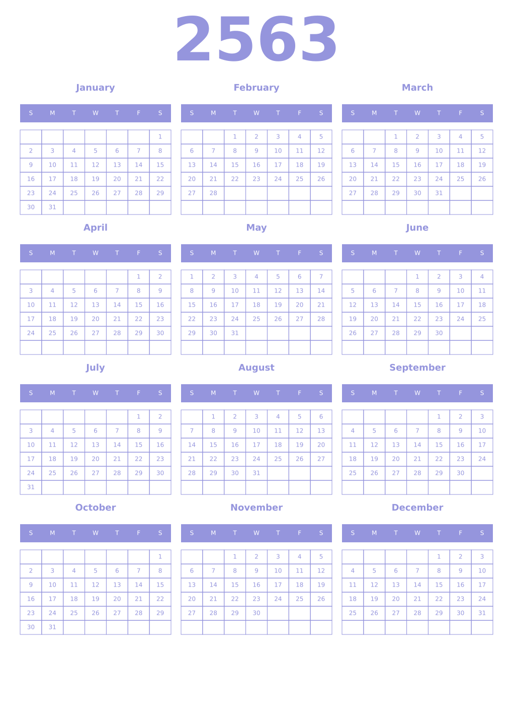Printable 2563 Year Calendars periwinkle