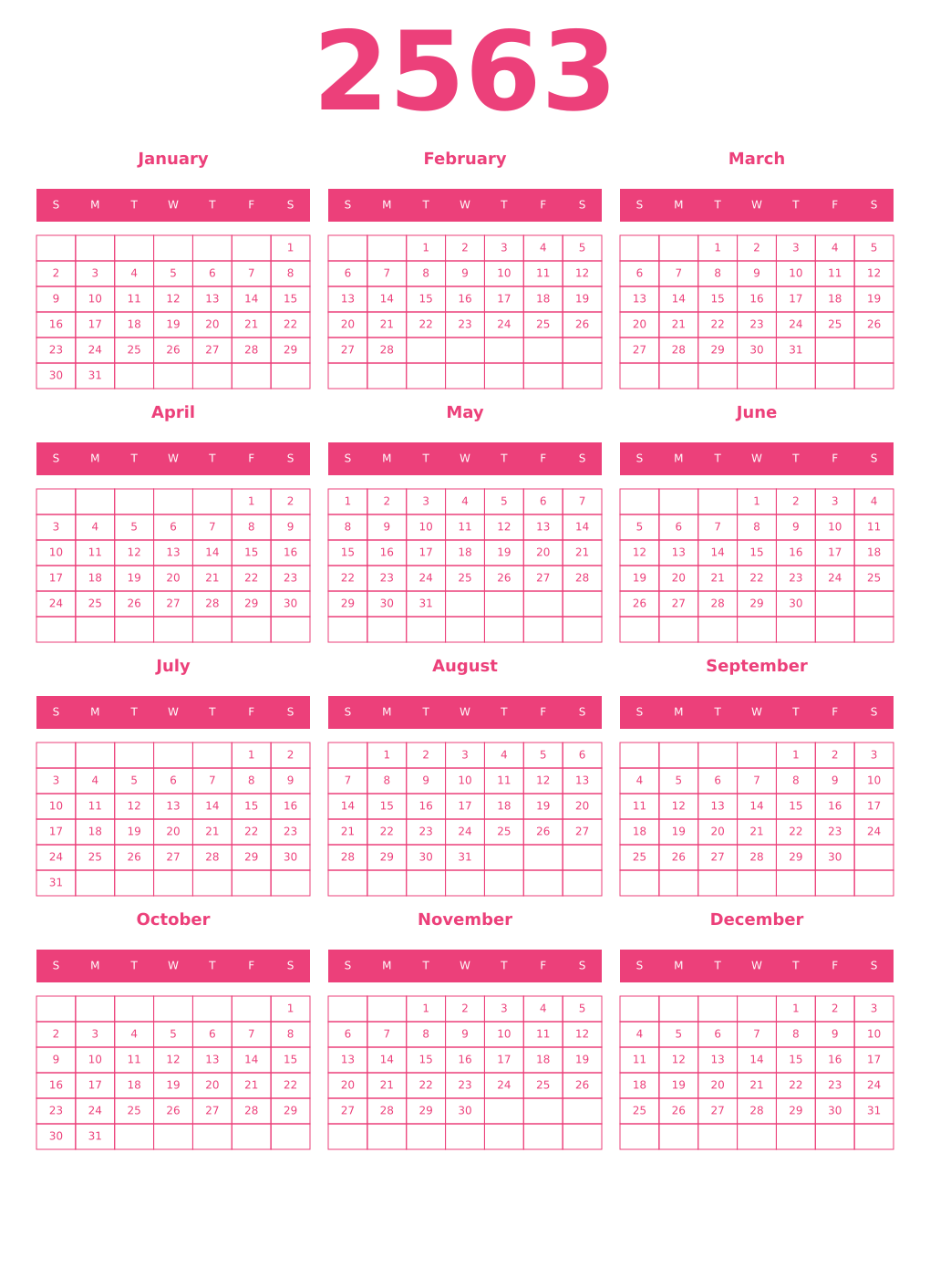 Printable 2563 Year Calendars pink