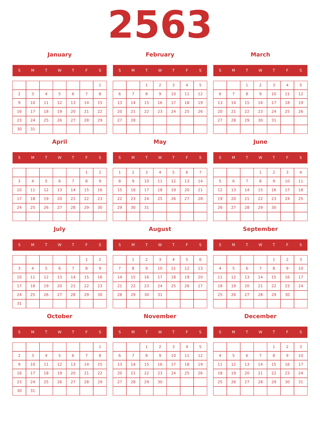 Printable 2563 Year Calendars red