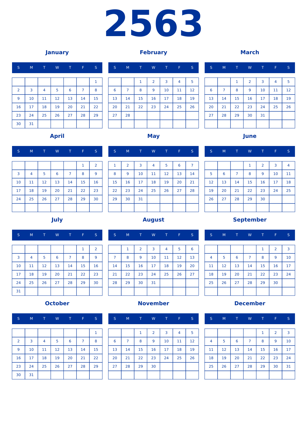 Printable 2563 Year Calendars smalt