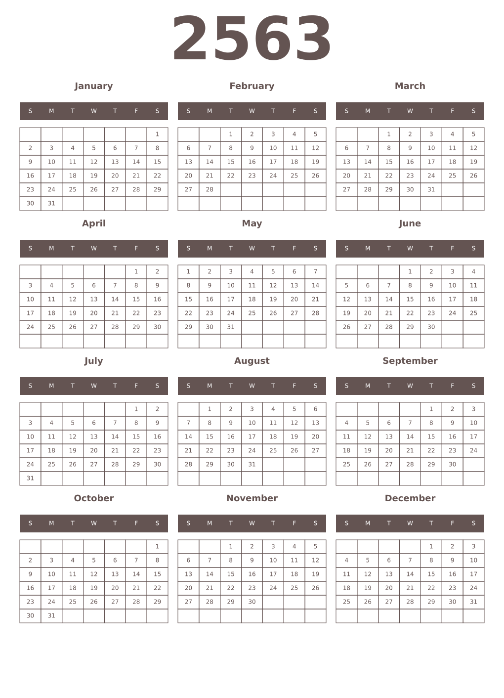 Printable 2563 Year Calendars wenge