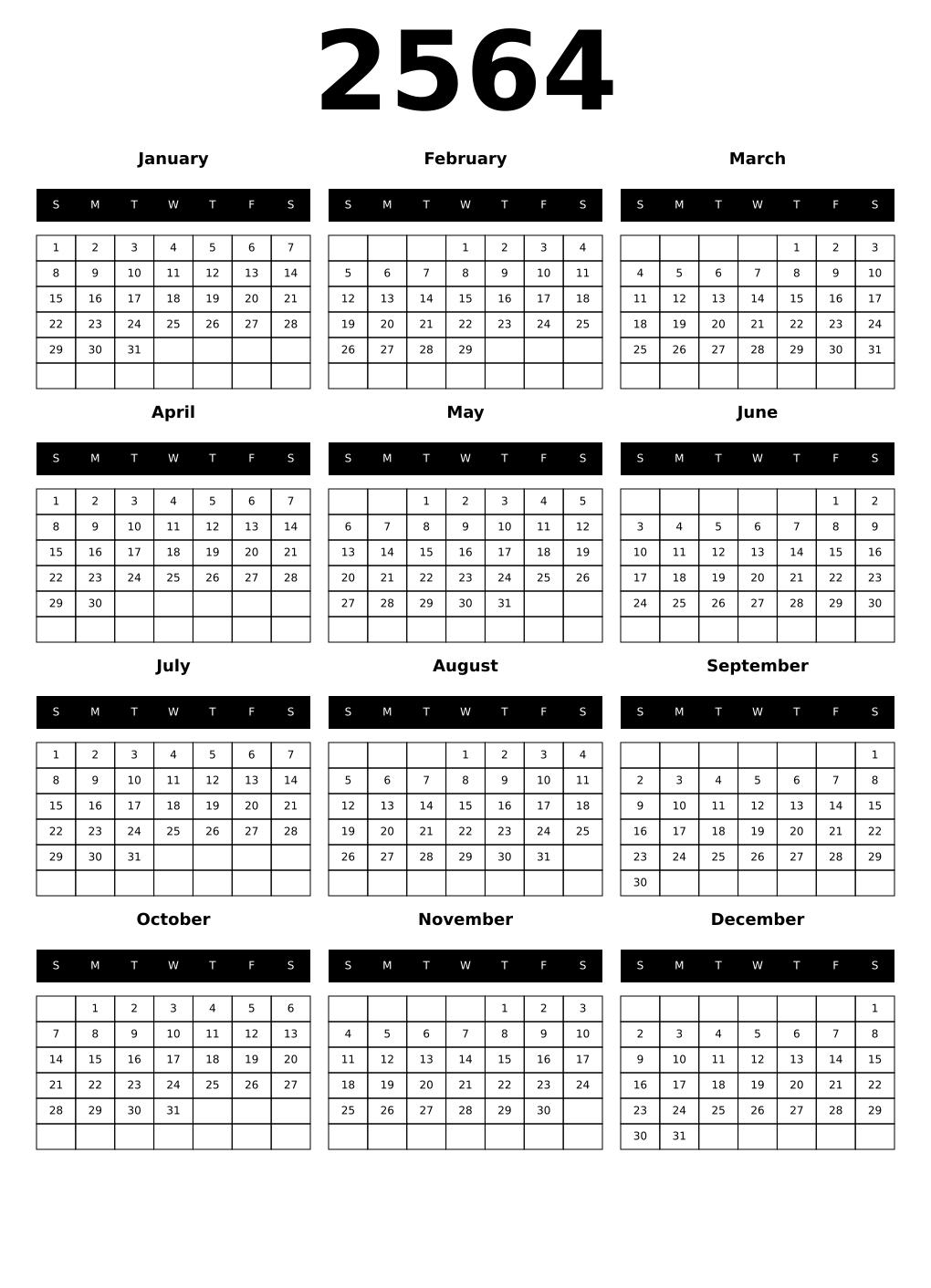 Printable 2564 Year Calendars black