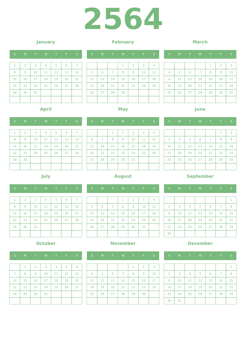 Printable 2564 Year Calendars celadon