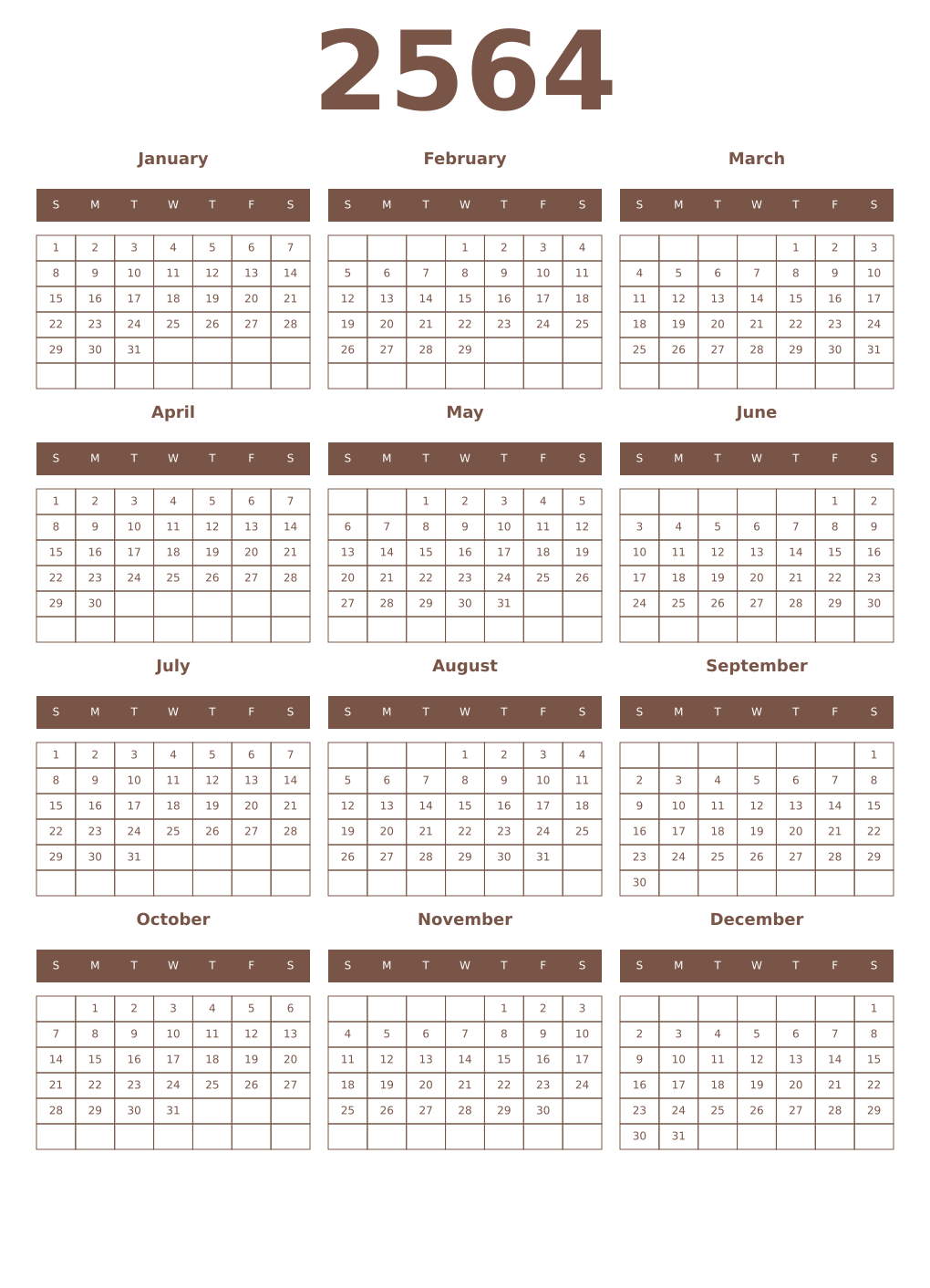Printable 2564 Year Calendars coffe