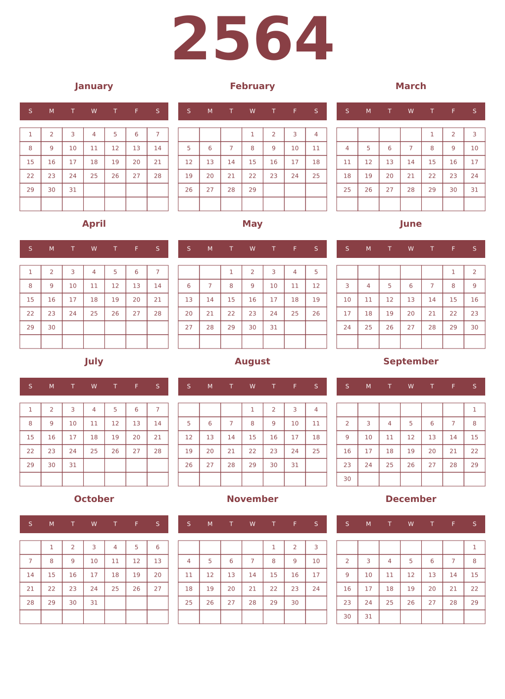 Printable 2564 Year Calendars cordovan