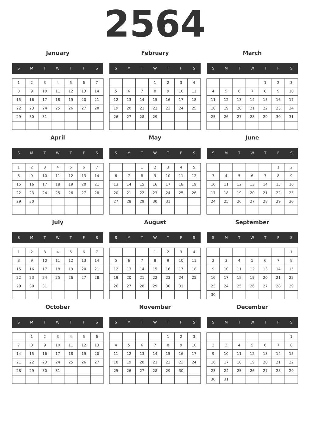 Printable 2564 Year Calendars dark