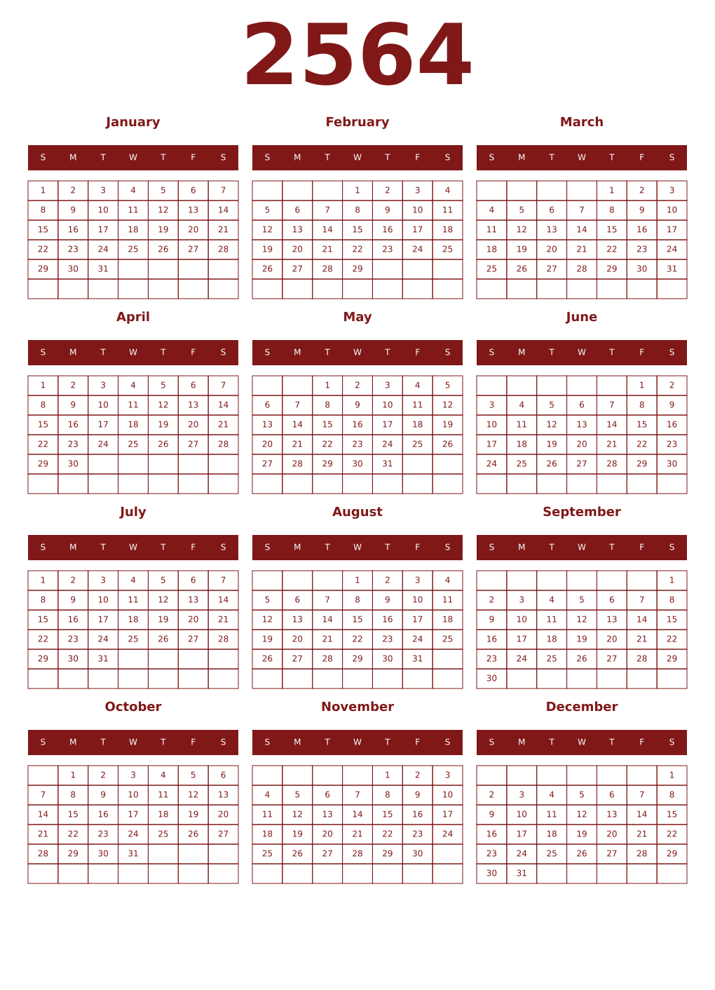 Printable 2564 Year Calendars falu