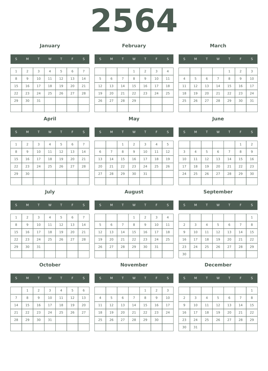 Printable 2564 Year Calendars feldgrau