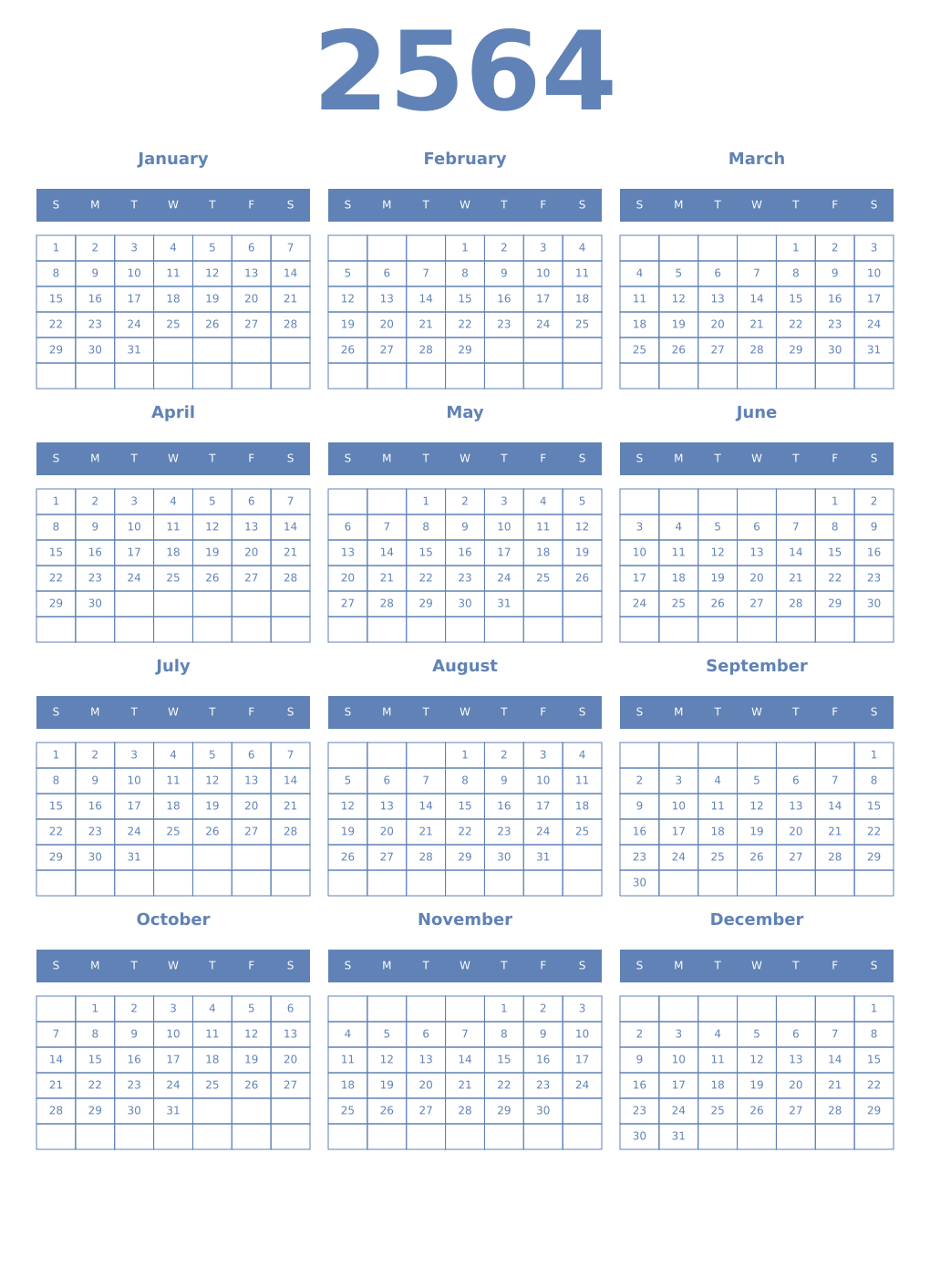 Printable 2564 Year Calendars glaucous