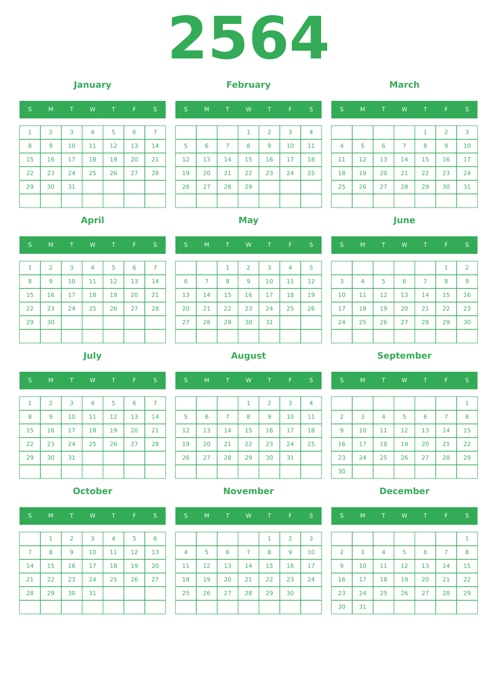 Printable 2564 Year Calendars green