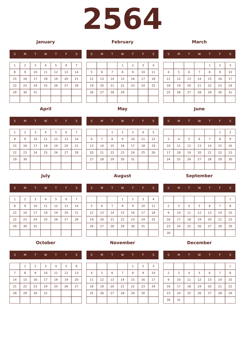 Printable 2564 Year Calendars mortuum