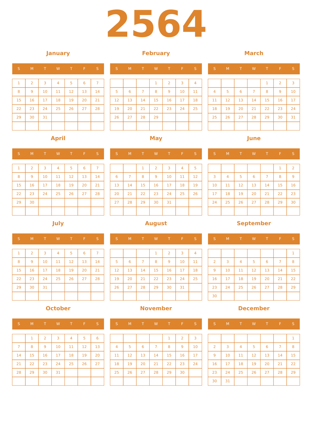 Printable 2564 Year Calendars orange