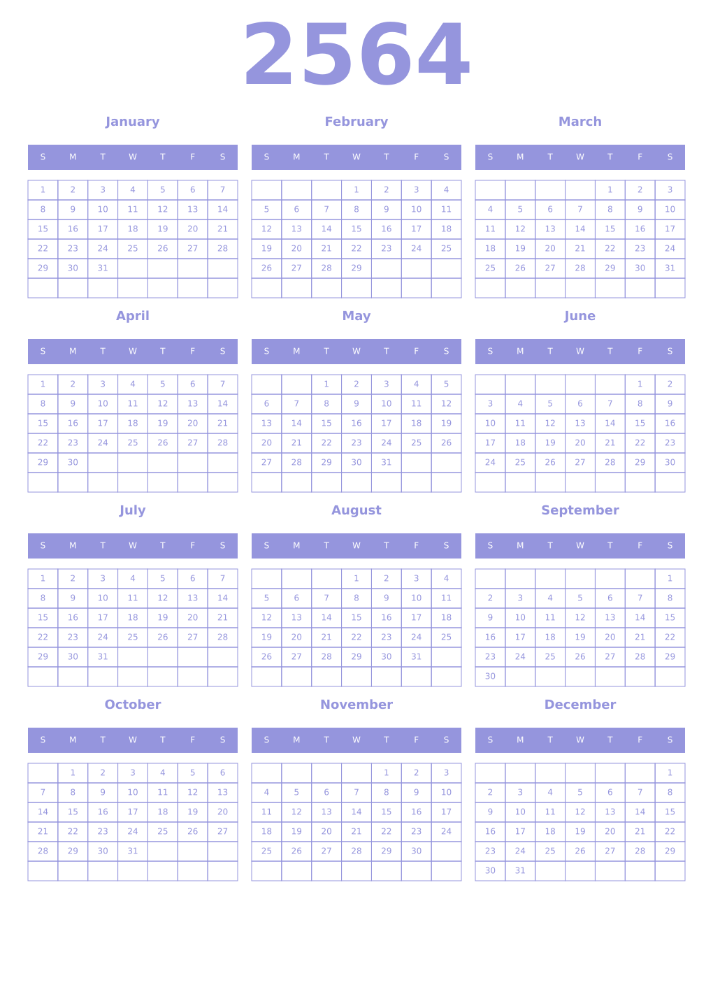 Printable 2564 Year Calendars periwinkle