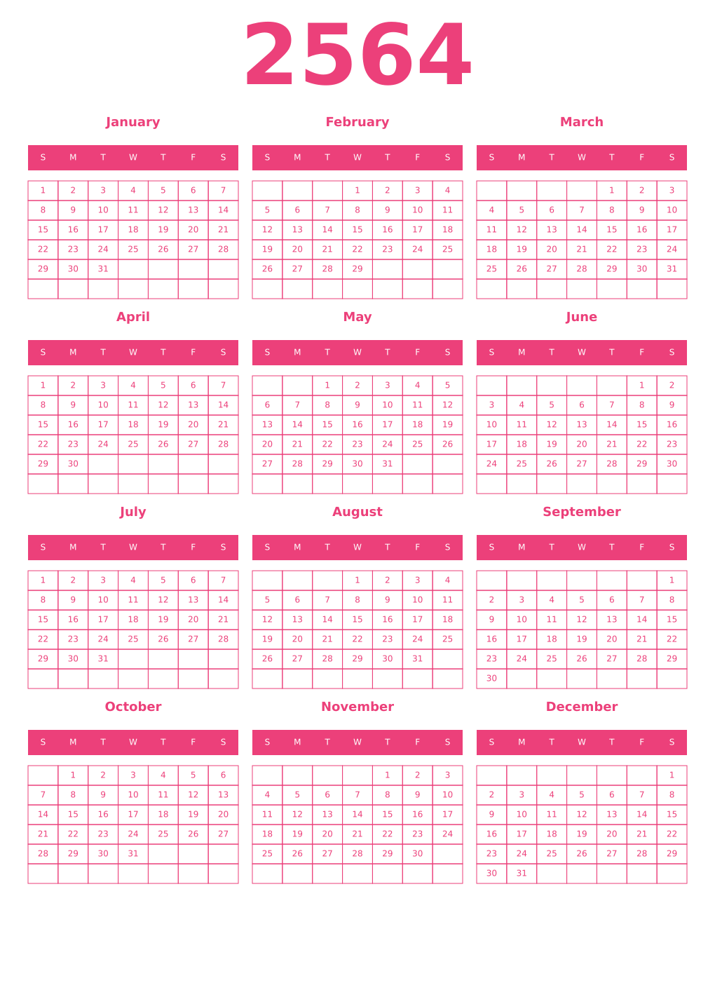 Printable 2564 Year Calendars pink
