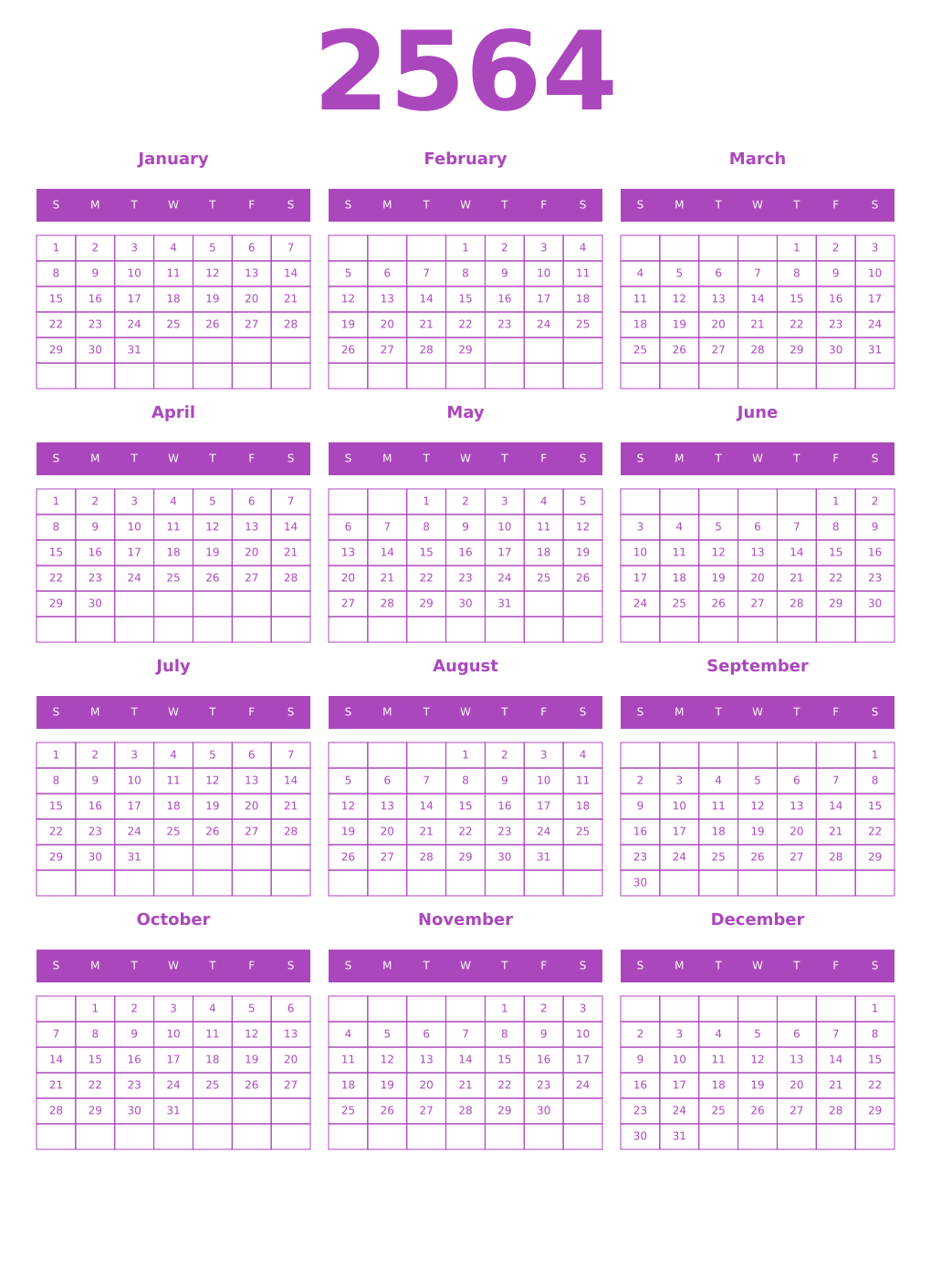 Printable 2564 Year Calendars purple