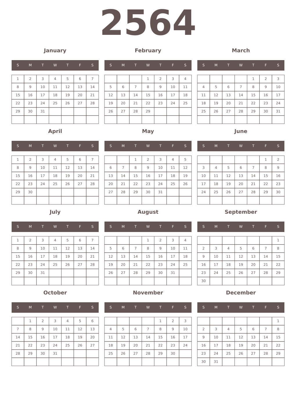 Printable 2564 Year Calendars wenge