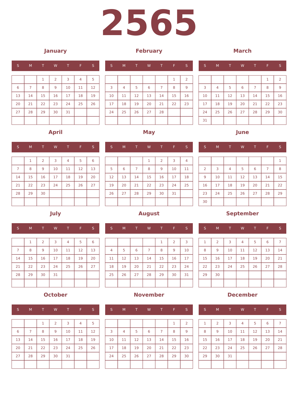 Printable 2565 Year Calendars cordovan