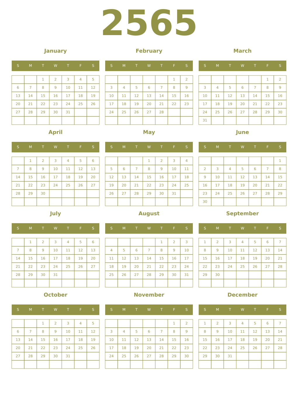Printable 2565 Year Calendars eburnean