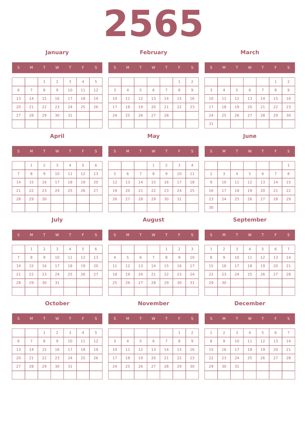 Printable 2565 Year Calendars puce