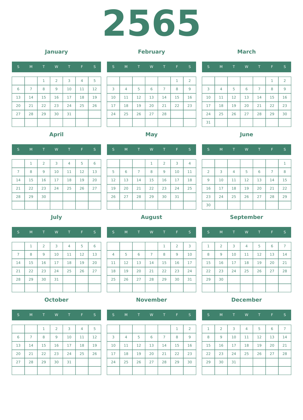 Printable 2565 Year Calendars viridian