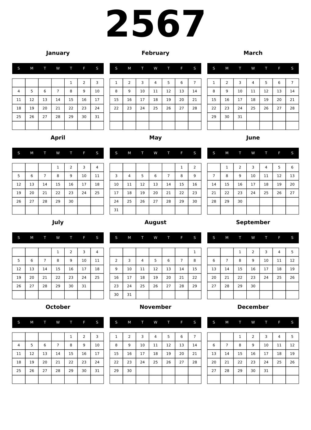Printable 2567 Year Calendars black