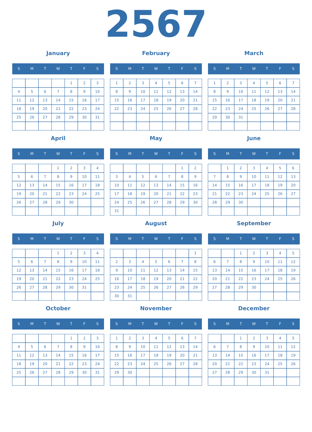 Printable 2567 Year Calendars blue