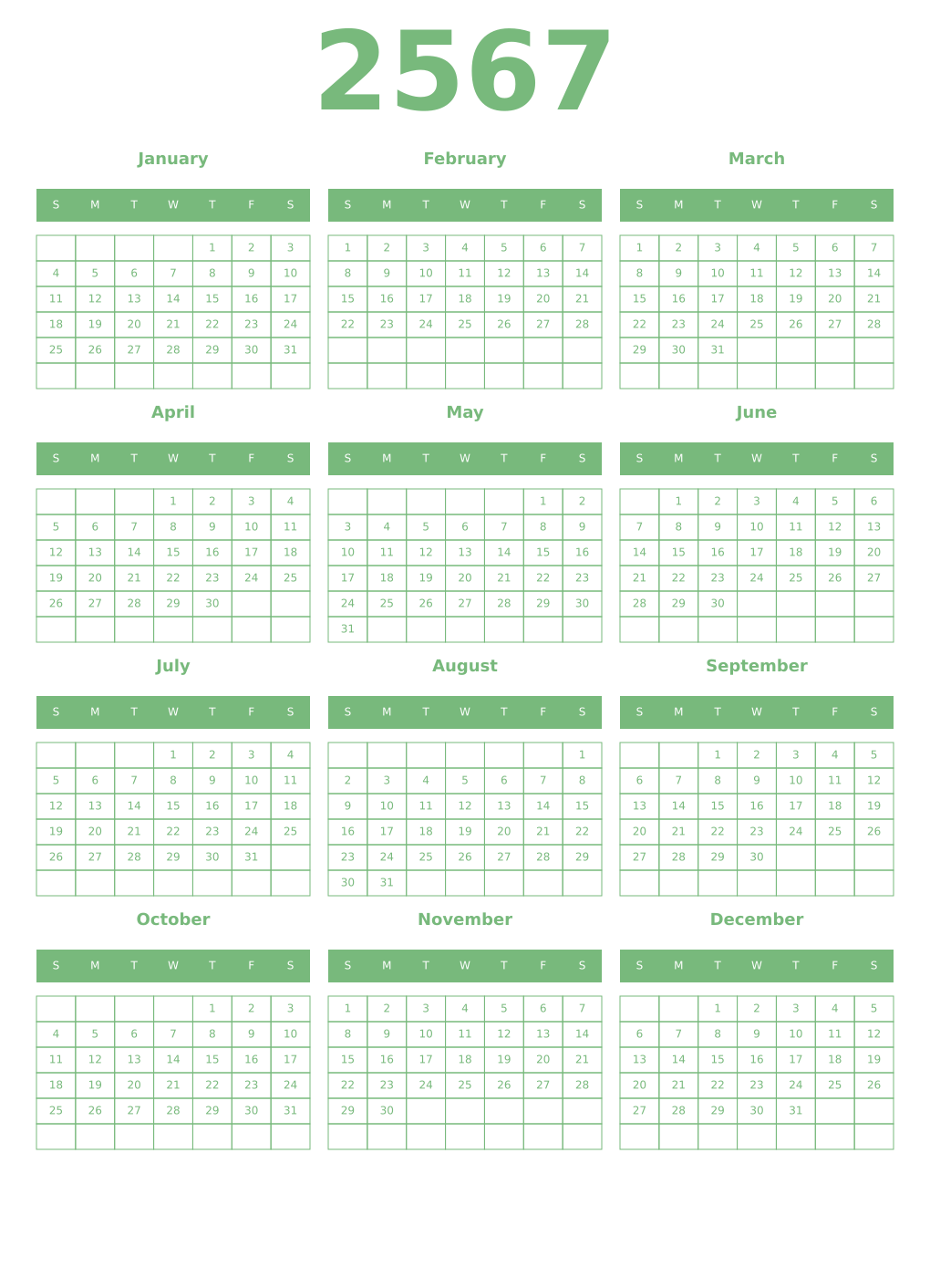 Printable 2567 Year Calendars celadon